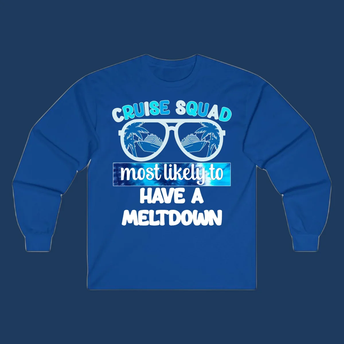 Cruise squad meltdown design with oversized sunglasses reflecting cruise ships and palm trees