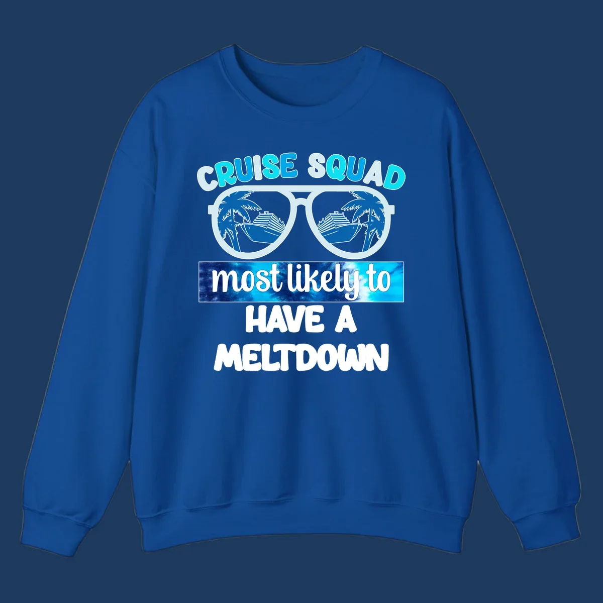 Cruise squad meltdown design with oversized sunglasses reflecting cruise ships and palm trees