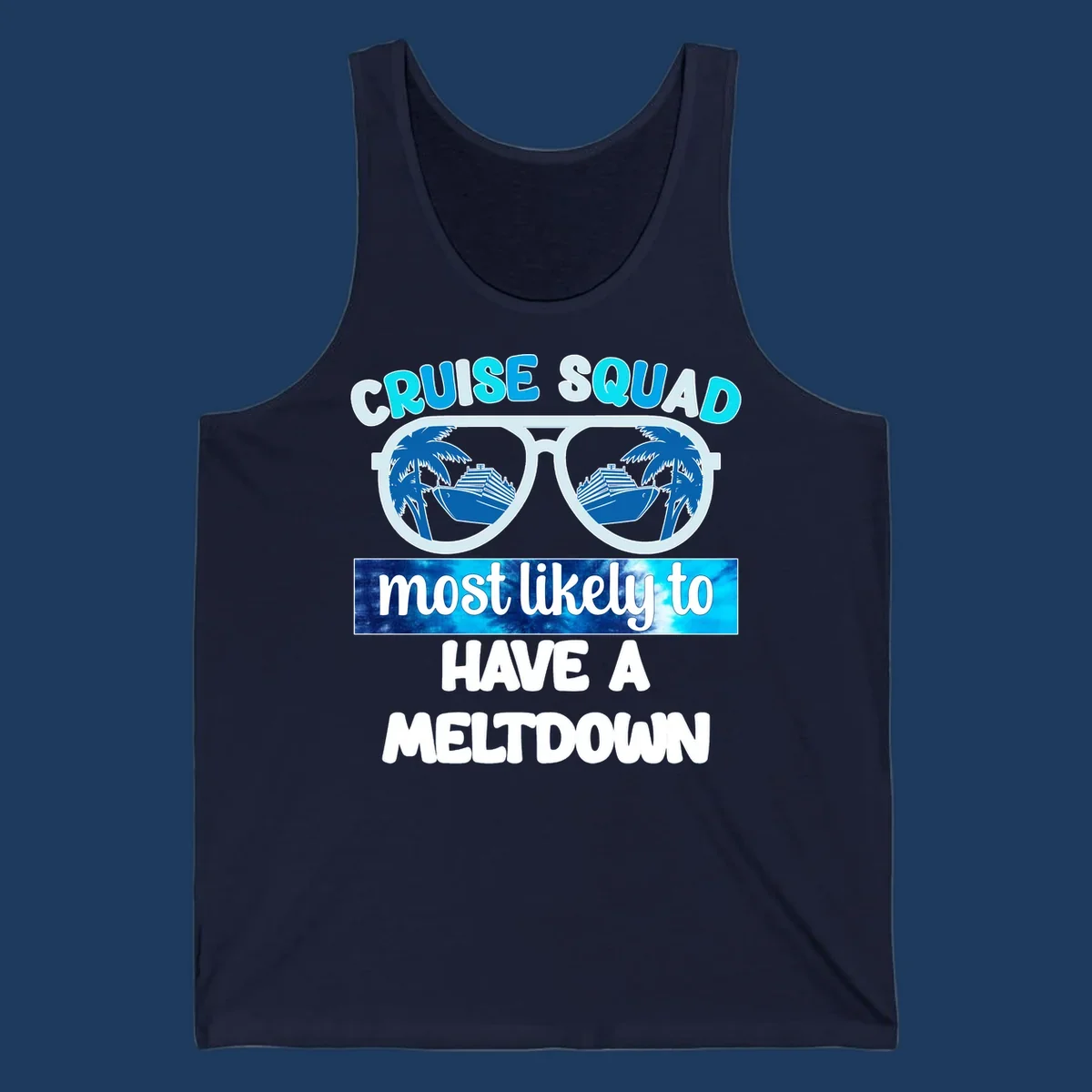 Cruise squad meltdown design with oversized sunglasses reflecting cruise ships and palm trees