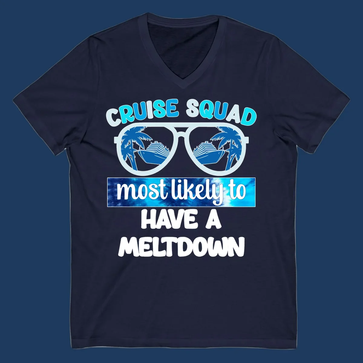 Cruise squad meltdown design with oversized sunglasses reflecting cruise ships and palm trees