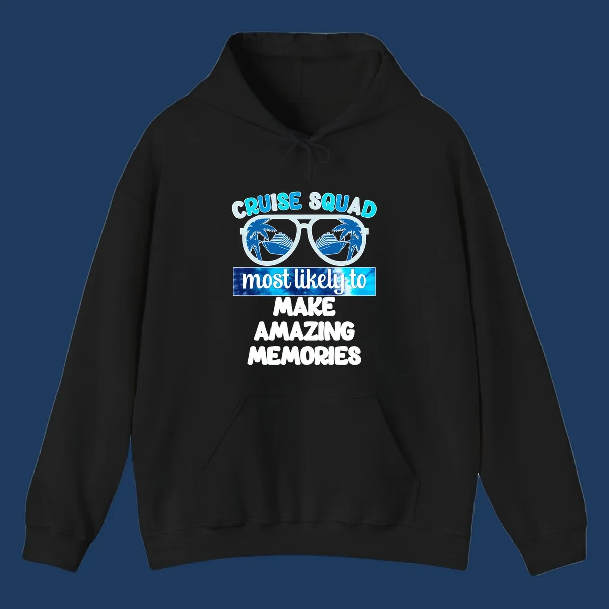 Oversized sunglasses with palm trees and cruise ships reflected in lenses, text reads 'Cruise Squad most likely to make amazing memories'