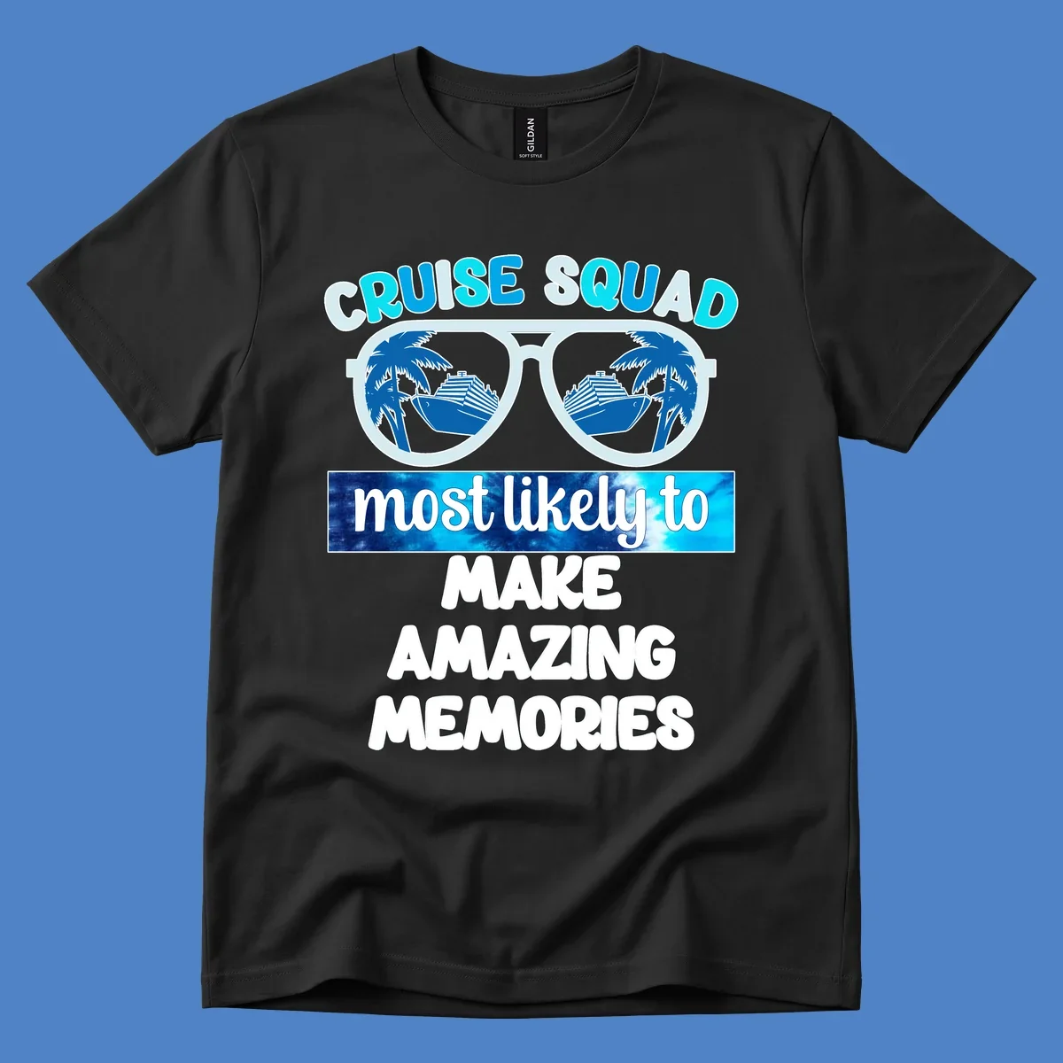 Oversized sunglasses with palm trees and cruise ships reflected in lenses, text reads 'Cruise Squad most likely to make amazing memories'