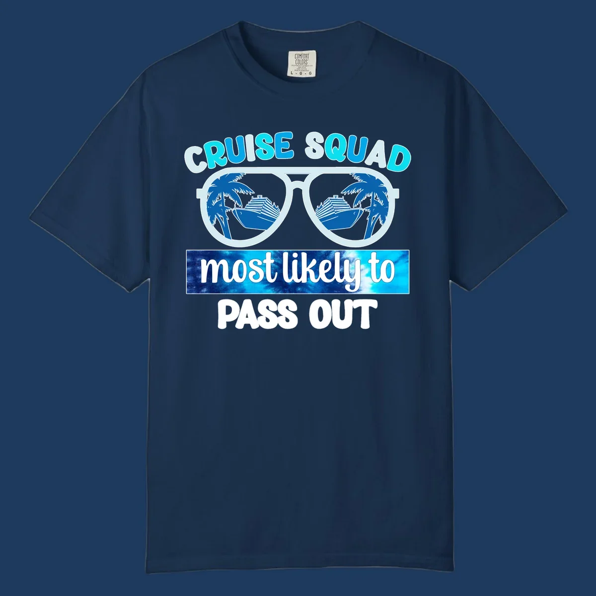 Cruise squad pass out design with oversized sunglasses showing palm trees and cruise ship reflections