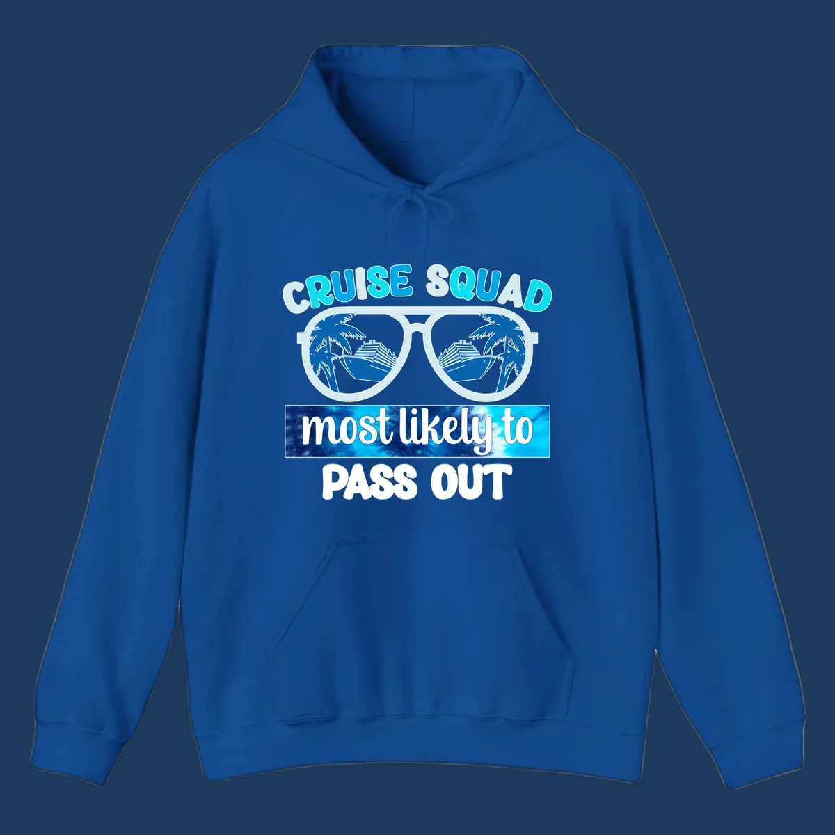 Cruise squad pass out design with oversized sunglasses showing palm trees and cruise ship reflections