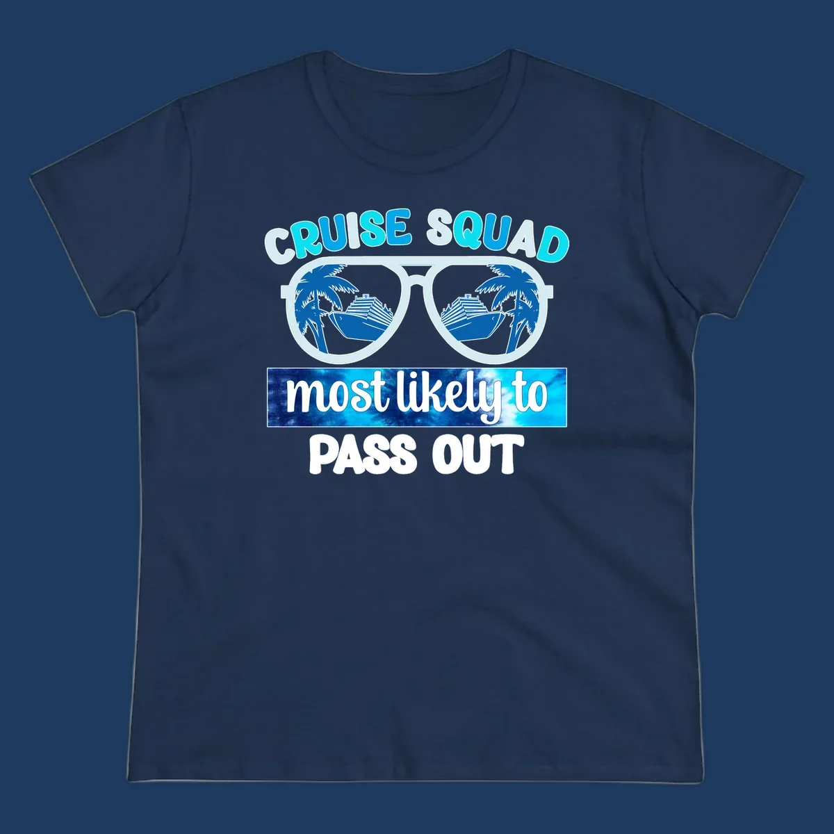 Cruise squad pass out design with oversized sunglasses showing palm trees and cruise ship reflections