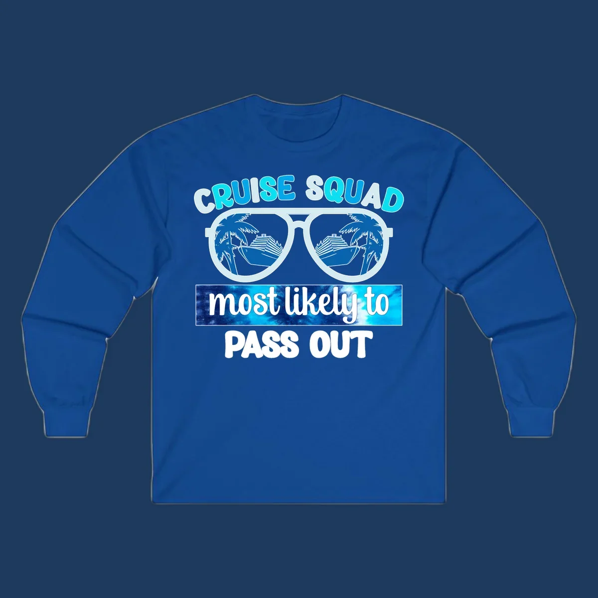 Cruise squad pass out design with oversized sunglasses showing palm trees and cruise ship reflections