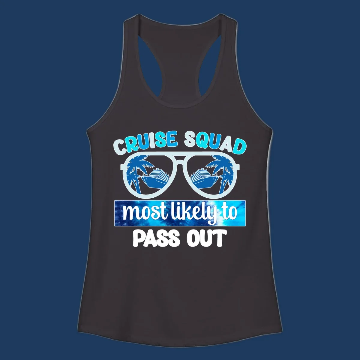 Cruise squad pass out design with oversized sunglasses showing palm trees and cruise ship reflections