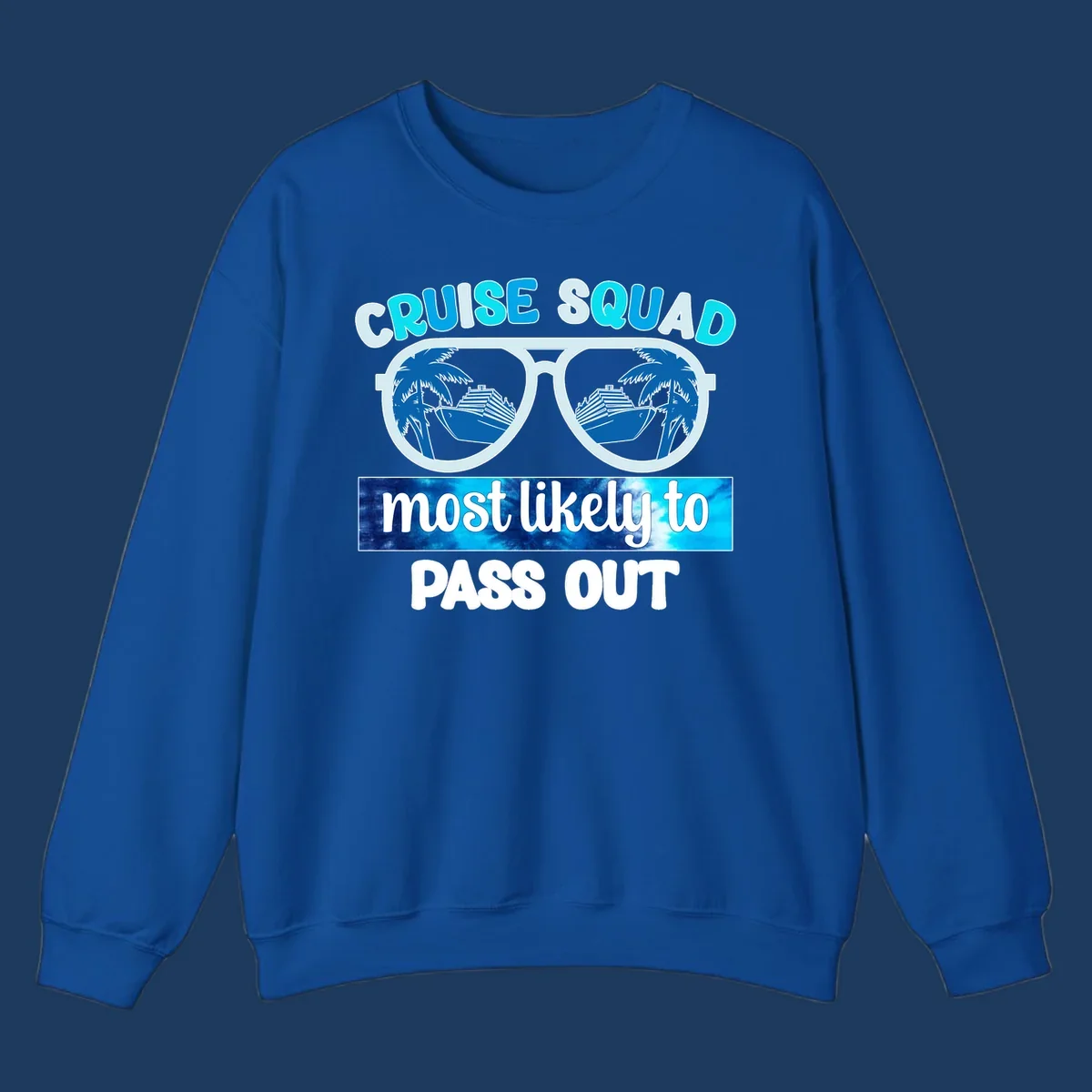 Cruise squad pass out design with oversized sunglasses showing palm trees and cruise ship reflections