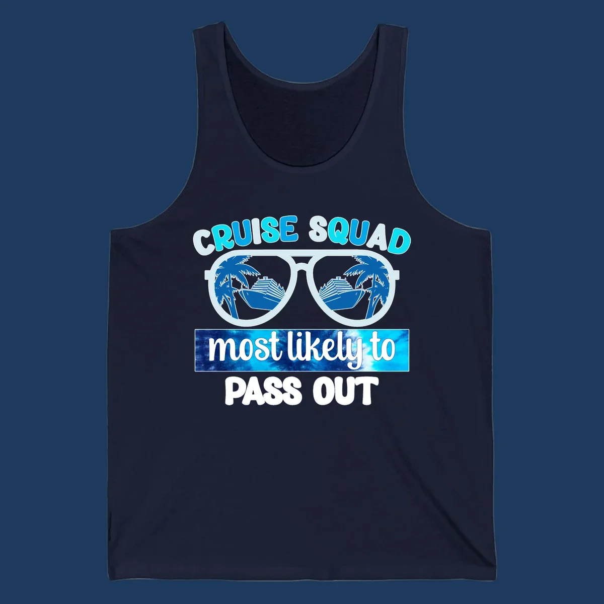Cruise squad pass out design with oversized sunglasses showing palm trees and cruise ship reflections