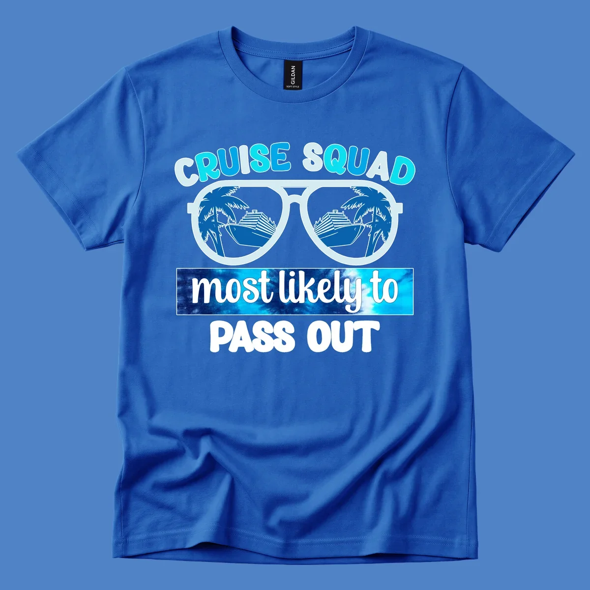 Cruise squad pass out design with oversized sunglasses showing palm trees and cruise ship reflections