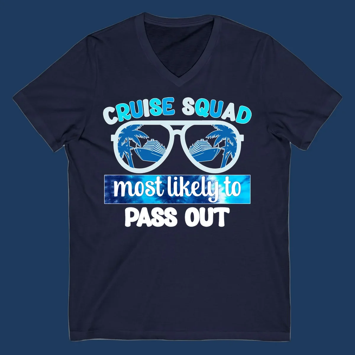 Cruise squad pass out design with oversized sunglasses showing palm trees and cruise ship reflections