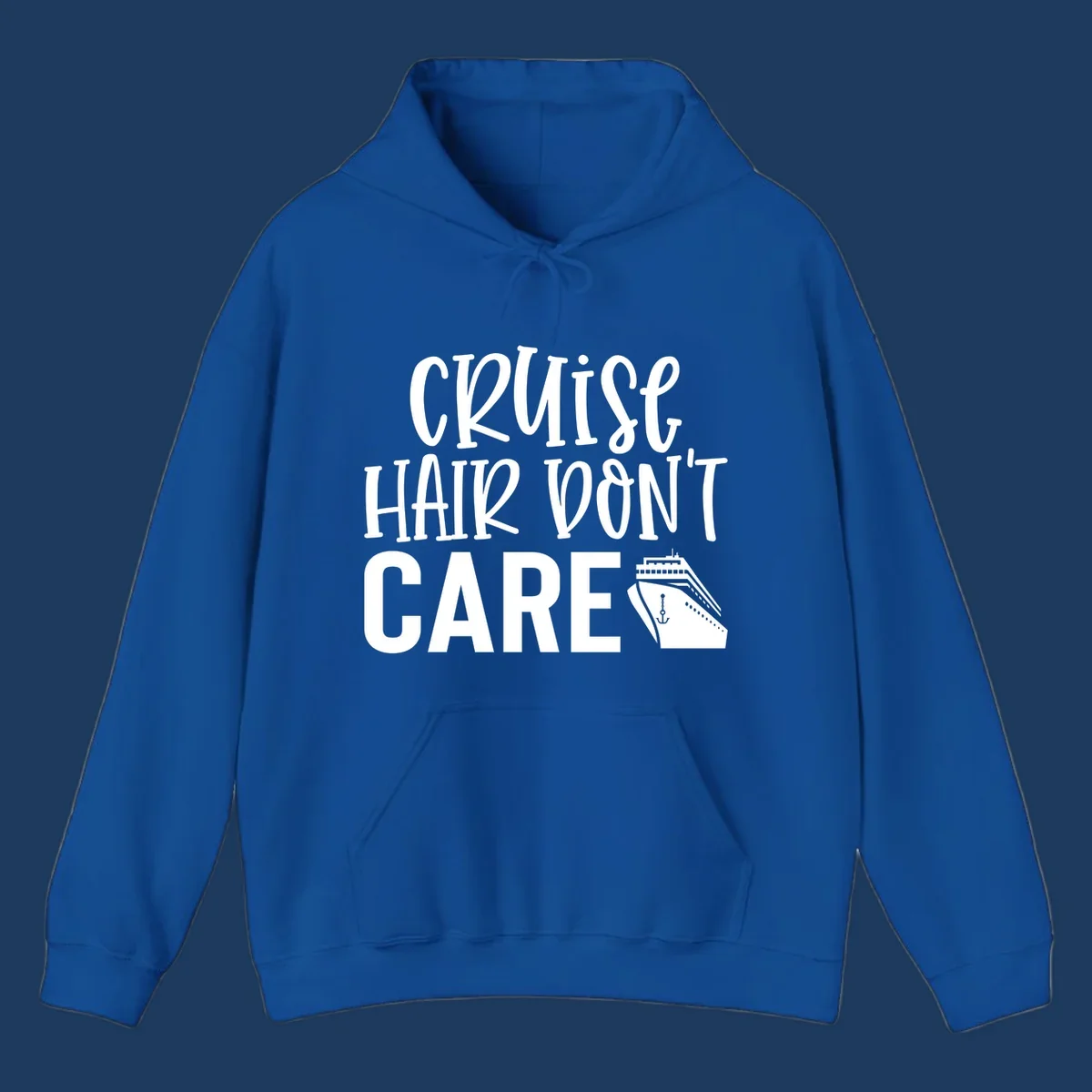 White text reading 'Cruise Hair Don't Care' with cruise ship and anchor illustration on gray background