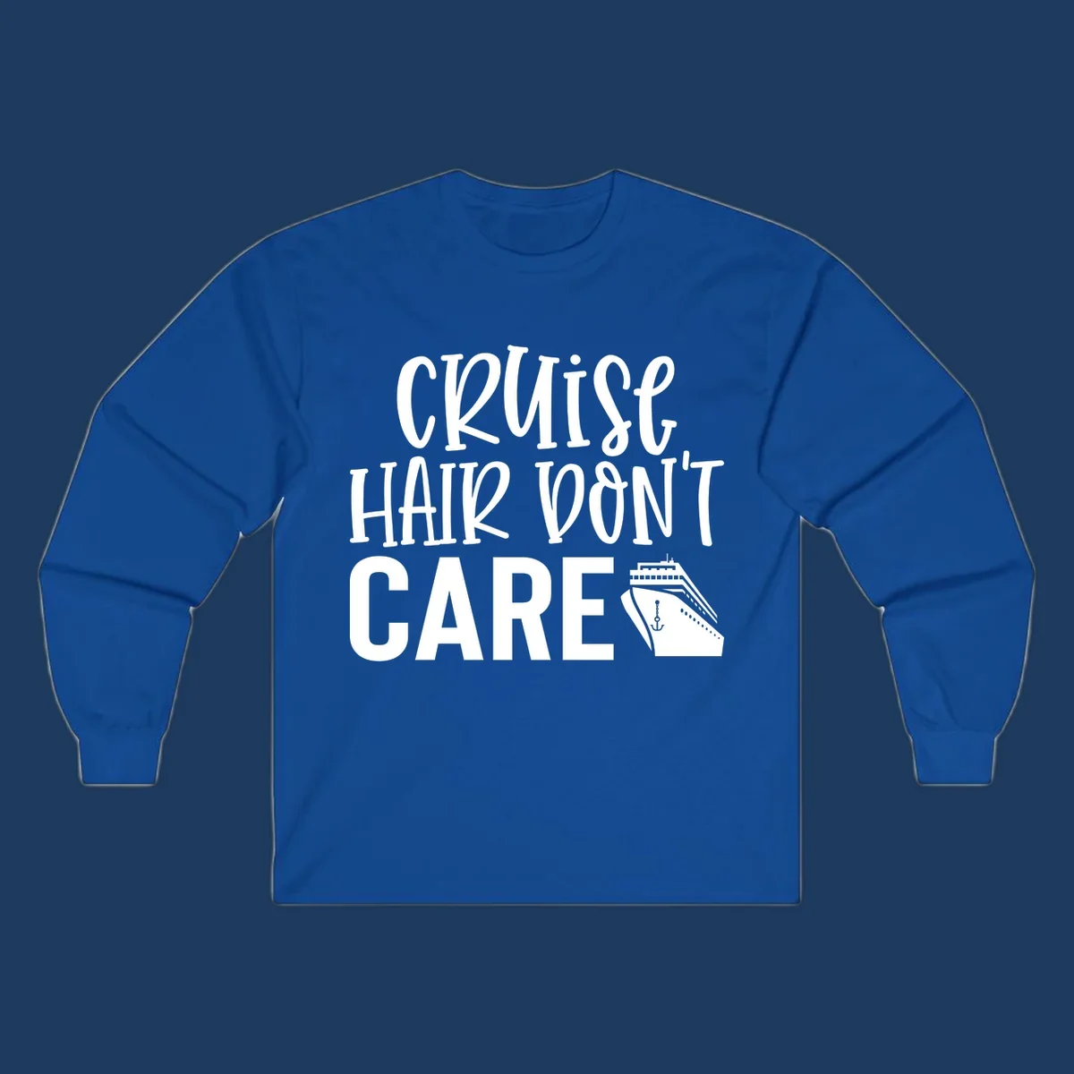 White text reading 'Cruise Hair Don't Care' with cruise ship and anchor illustration on gray background