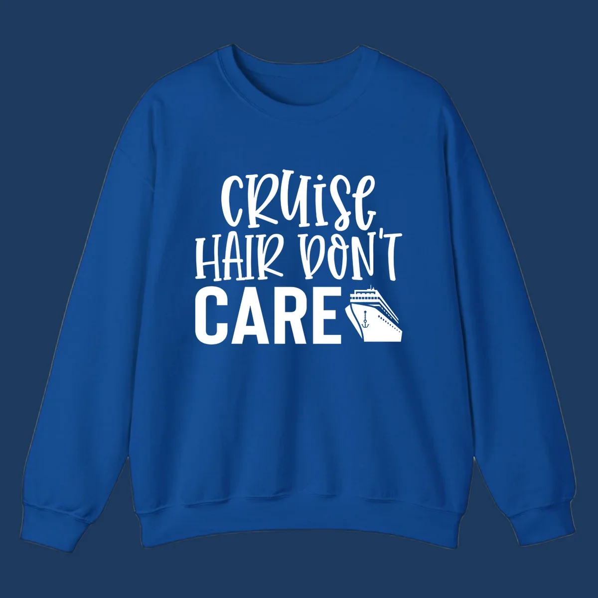 White text reading 'Cruise Hair Don't Care' with cruise ship and anchor illustration on gray background