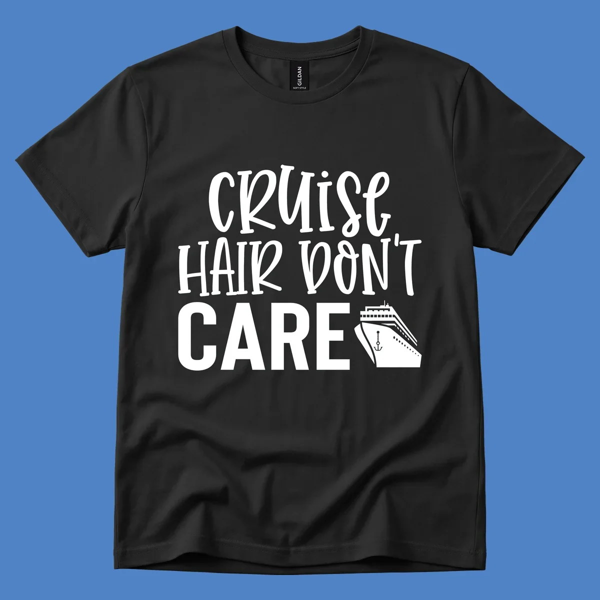 White text reading 'Cruise Hair Don't Care' with cruise ship and anchor illustration on gray background