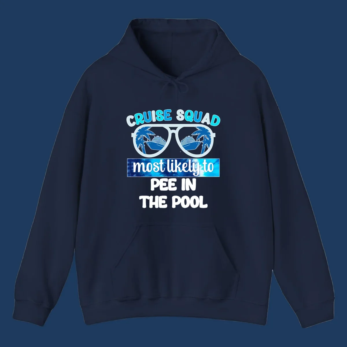Cruise squad pool humor design with sunglasses showing palm trees and cruise ship reflections