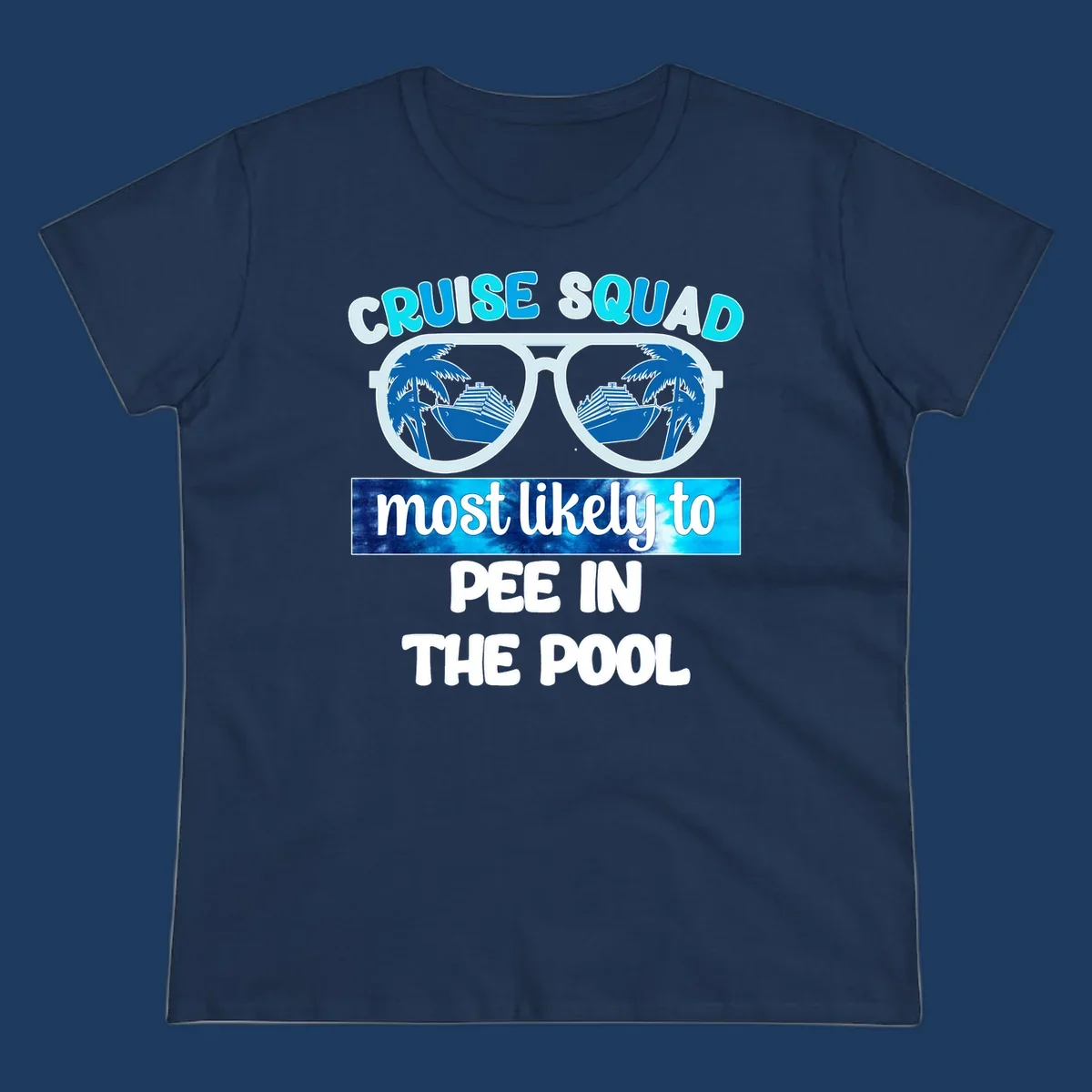 Cruise squad pool humor design with sunglasses showing palm trees and cruise ship reflections