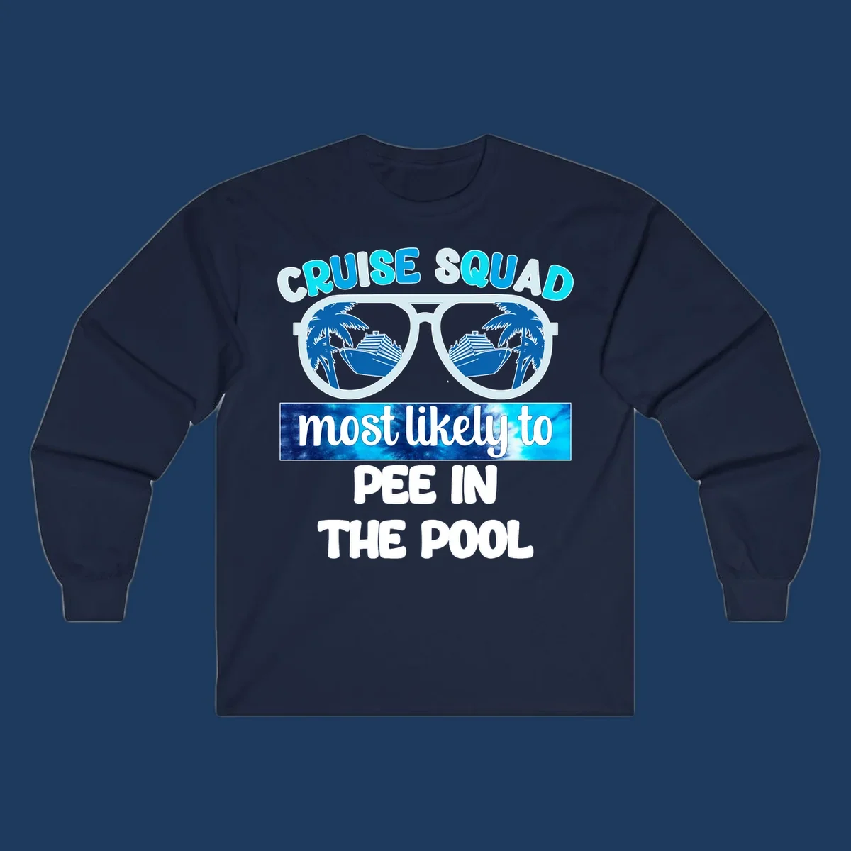 Cruise squad pool humor design with sunglasses showing palm trees and cruise ship reflections