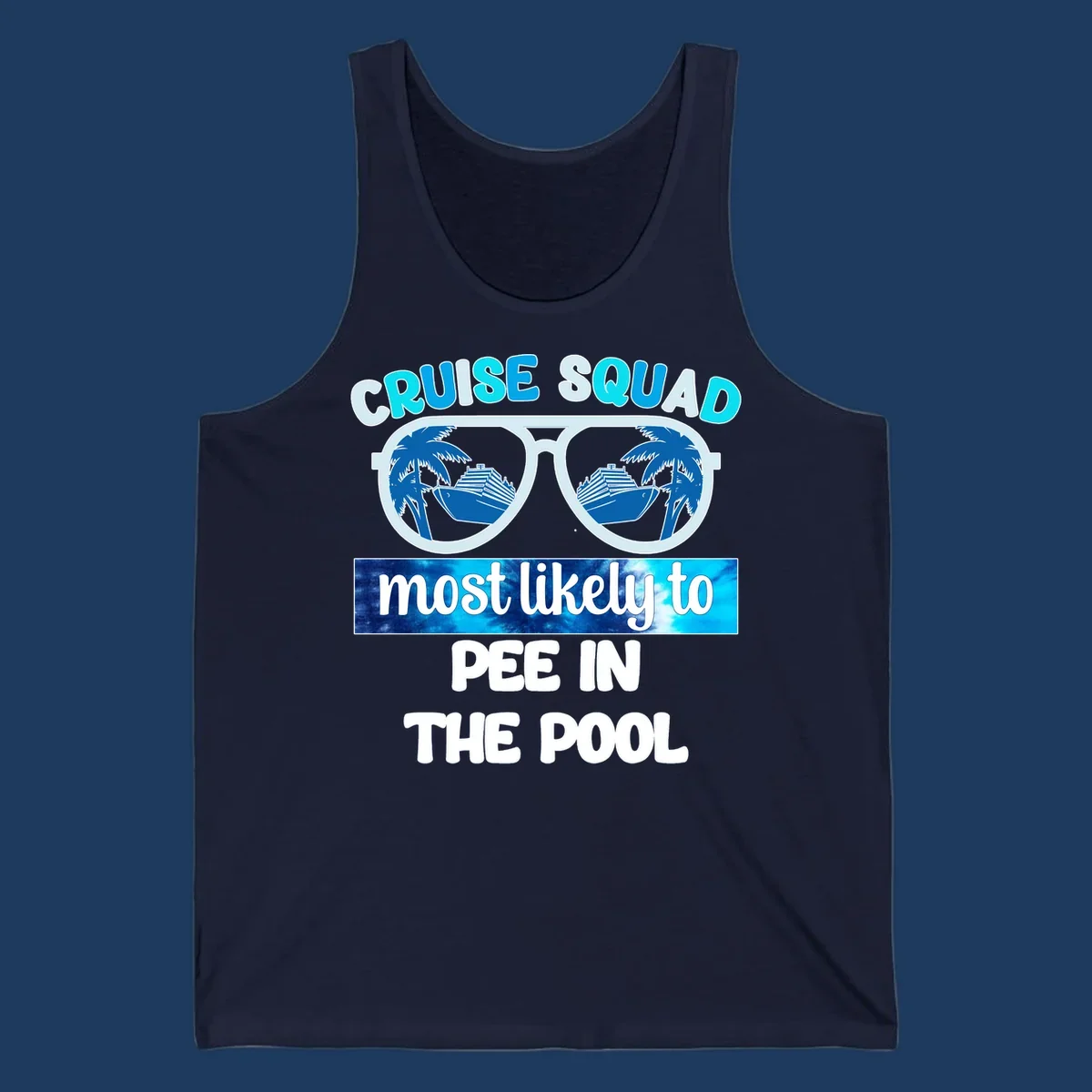 Cruise squad pool humor design with sunglasses showing palm trees and cruise ship reflections