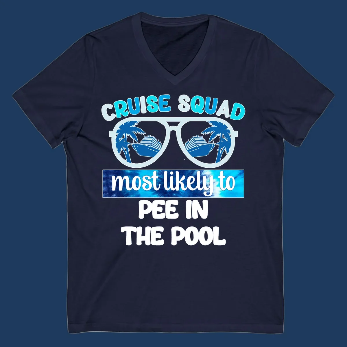 Cruise squad pool humor design with sunglasses showing palm trees and cruise ship reflections