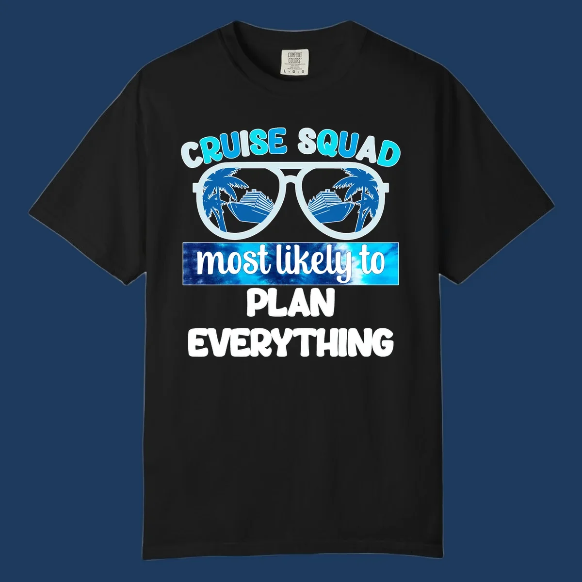 Cruise squad most likely to plan everything design with oversized sunglasses reflecting palm trees and cruise ships