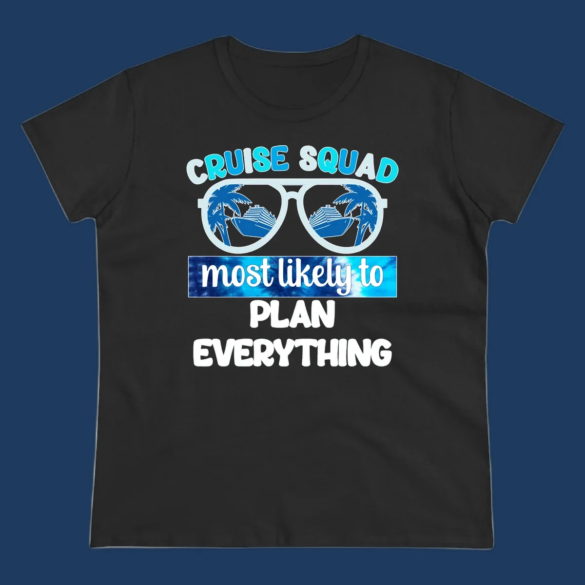 Cruise squad most likely to plan everything design with oversized sunglasses reflecting palm trees and cruise ships