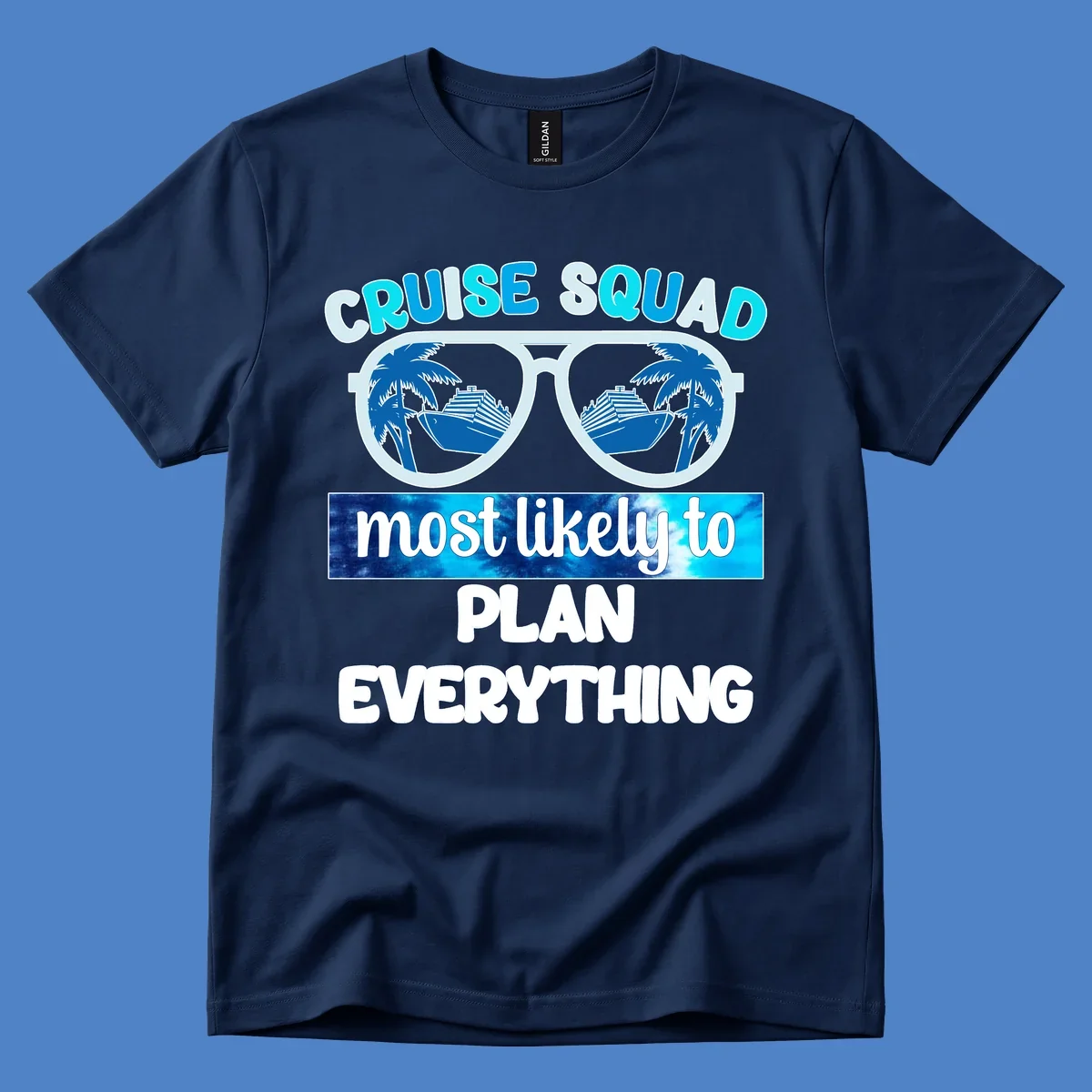 Cruise squad most likely to plan everything design with oversized sunglasses reflecting palm trees and cruise ships
