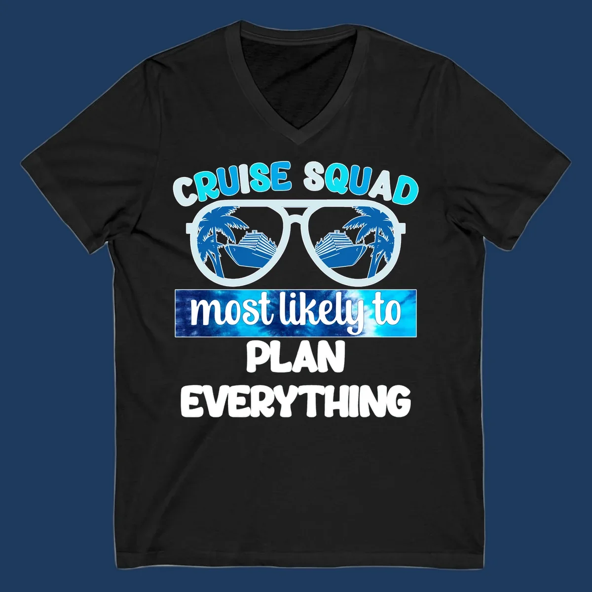Cruise squad most likely to plan everything design with oversized sunglasses reflecting palm trees and cruise ships