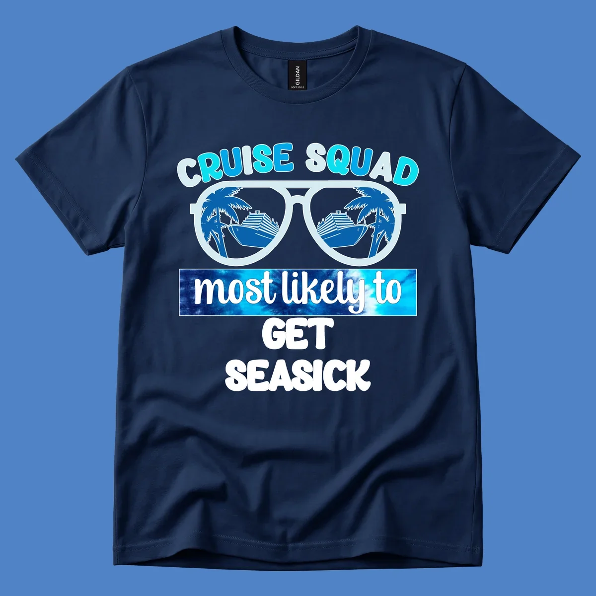 Cruise squad most likely to get seasick design with sunglasses, palm trees, and cruise ship illustration