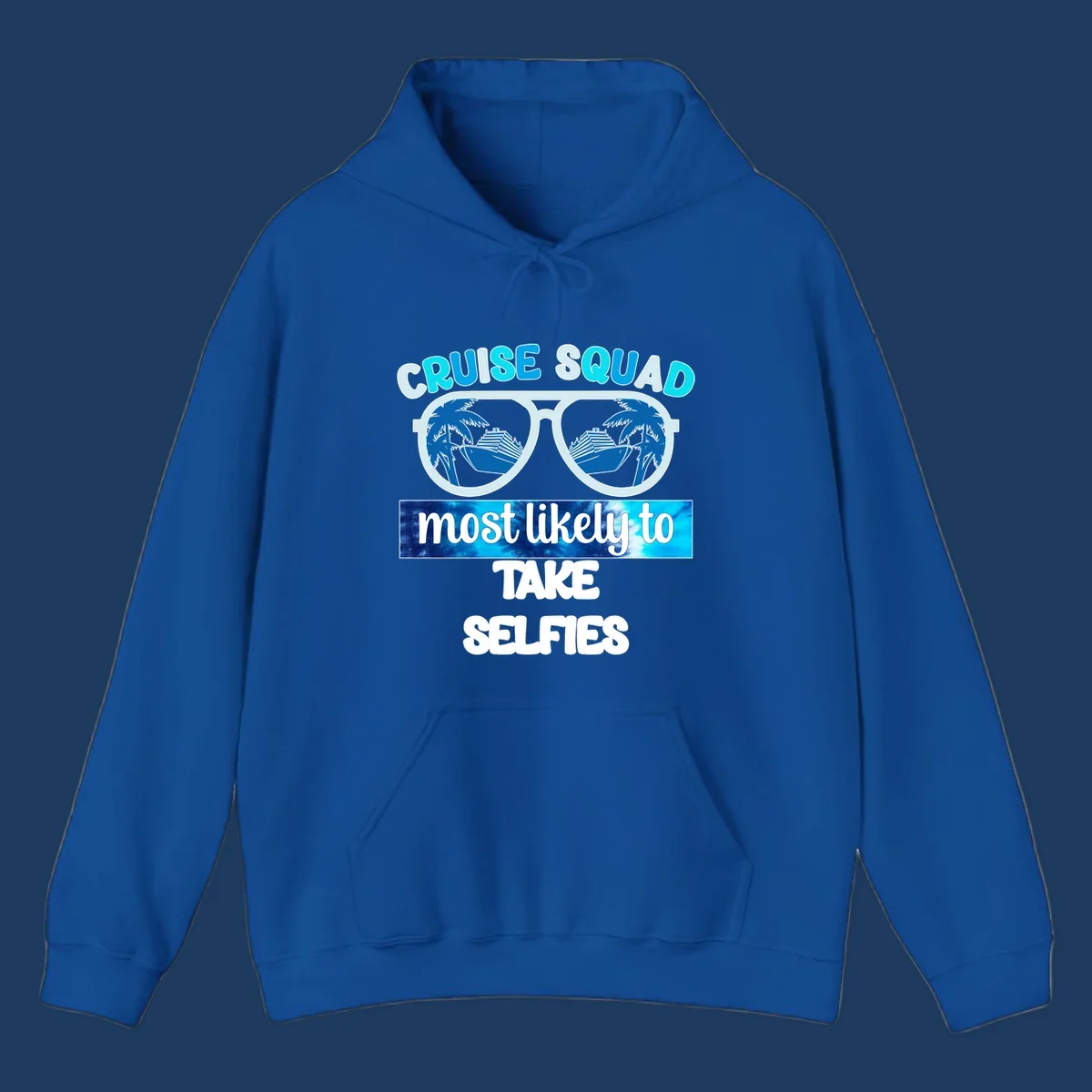 Oversized sunglasses with cruise ships and palm trees reflected in lenses, text reads 'Cruise Squad Most Likely to Take Selfies'
