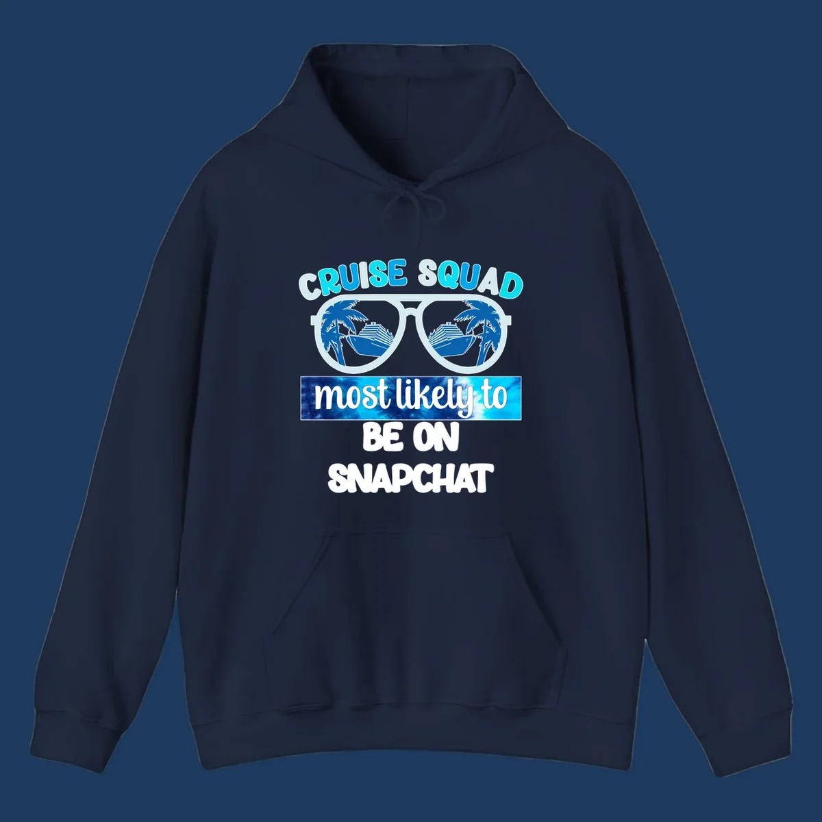 Oversized sunglasses with palm trees and cruise ships reflected in the lenses, with 'cruise squad most likely to be on snapchat' text
