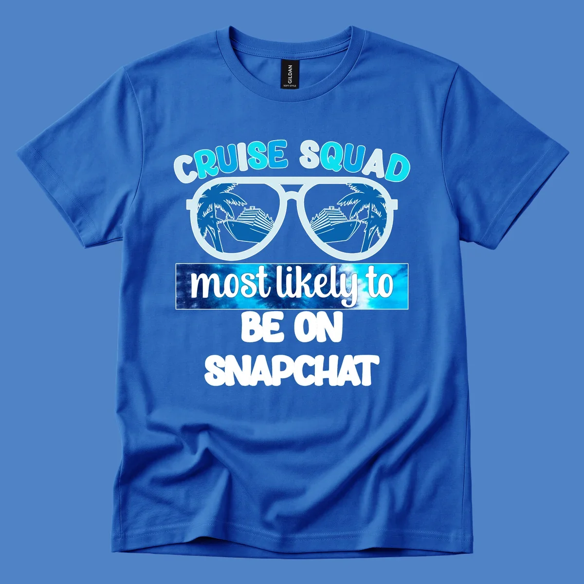 Oversized sunglasses with palm trees and cruise ships reflected in the lenses, with 'cruise squad most likely to be on snapchat' text