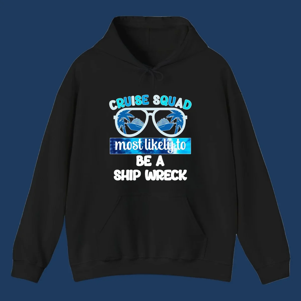 Cruise squad ship wreck design with sunglasses showing cruise ships and palm trees, humorous nautical text