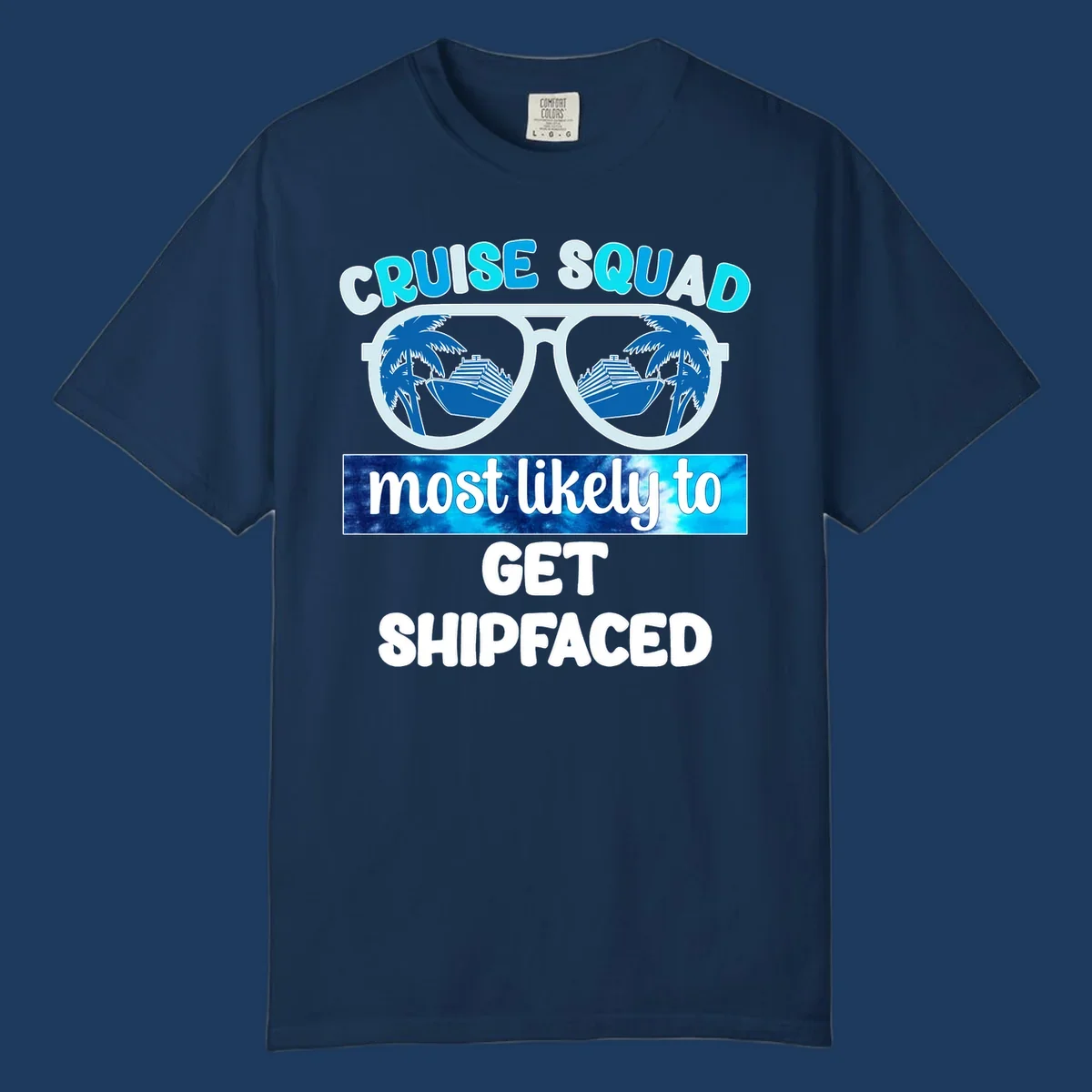 Shipfaced cruise squad design with oversized sunglasses showing cruise ships and palm trees, fun vacation text