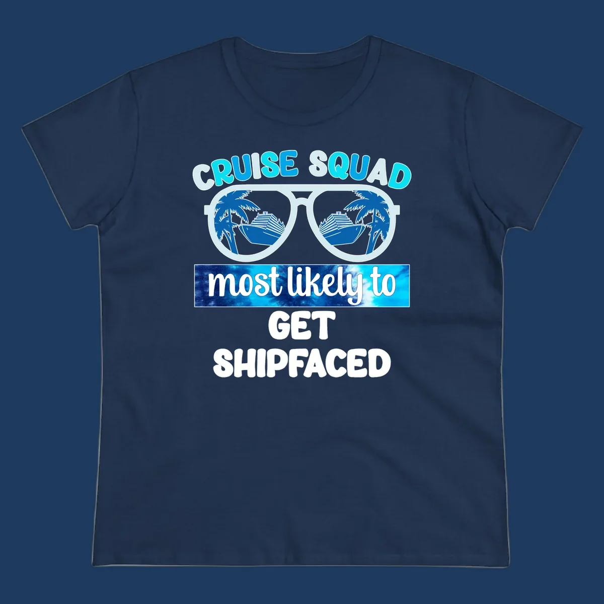 Shipfaced cruise squad design with oversized sunglasses showing cruise ships and palm trees, fun vacation text