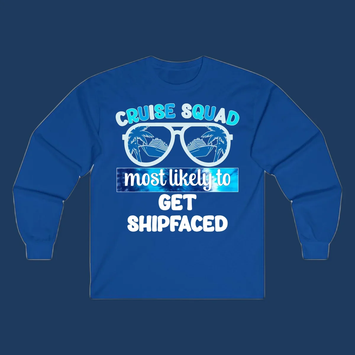 Shipfaced cruise squad design with oversized sunglasses showing cruise ships and palm trees, fun vacation text
