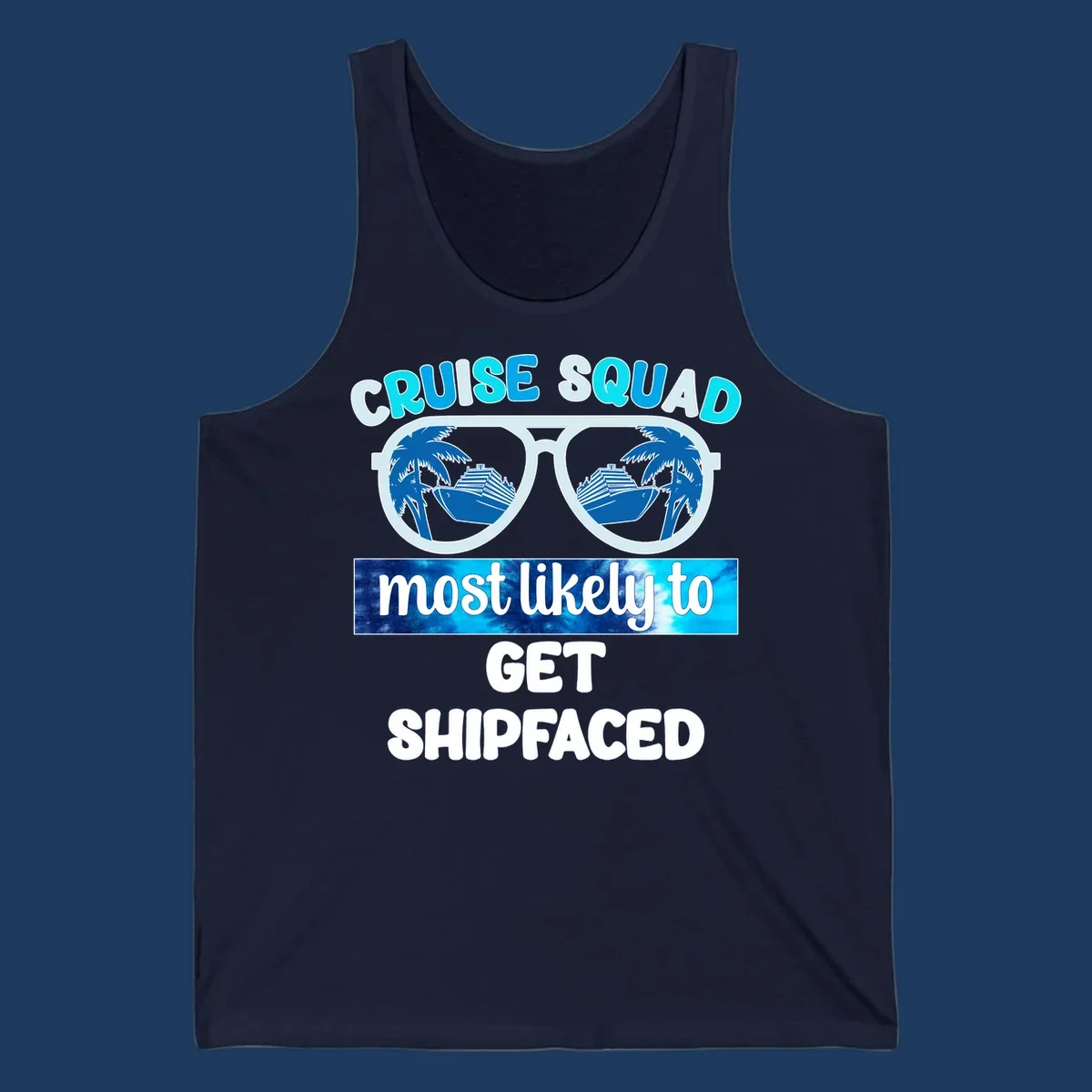 Shipfaced cruise squad design with oversized sunglasses showing cruise ships and palm trees, fun vacation text