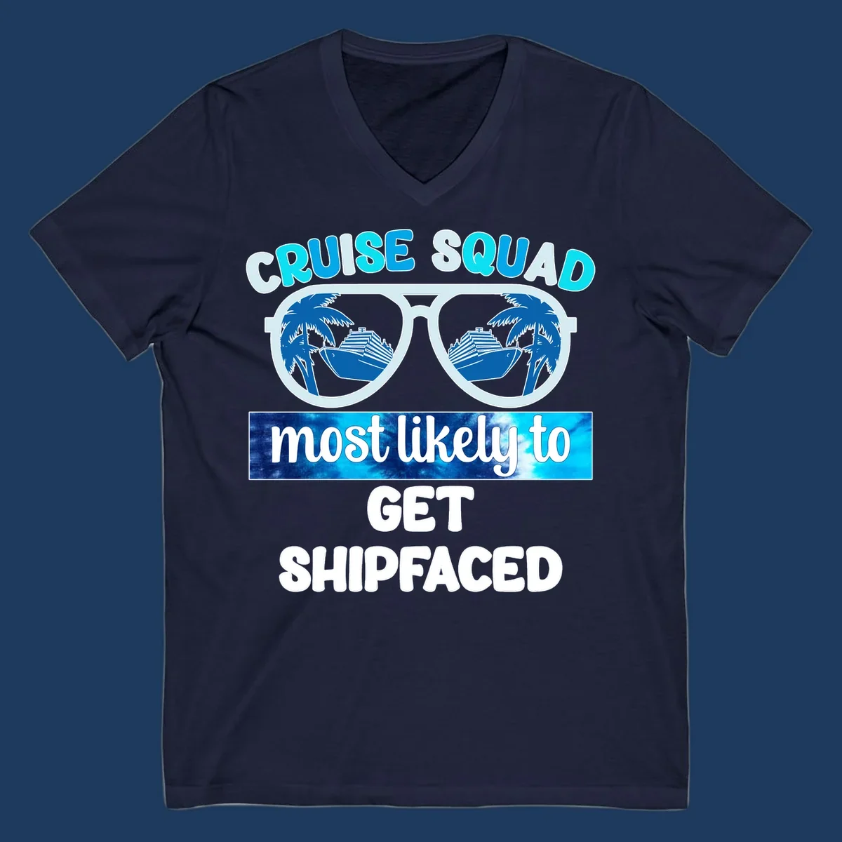 Shipfaced cruise squad design with oversized sunglasses showing cruise ships and palm trees, fun vacation text