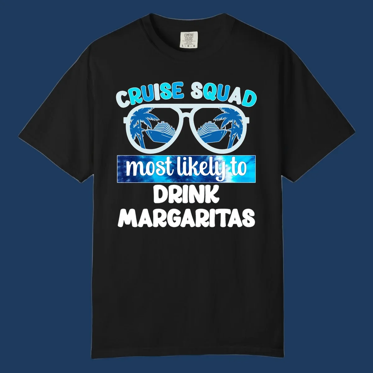 Oversized sunglasses design showing palm trees and cruise ship reflections with cruise squad margarita text