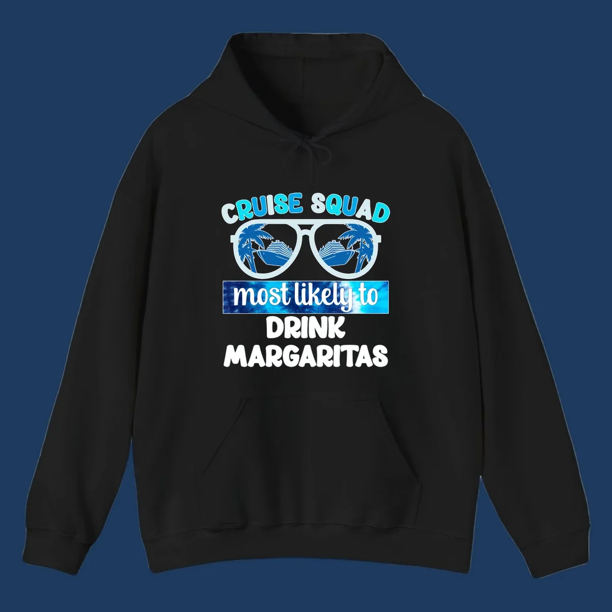 Oversized sunglasses design showing palm trees and cruise ship reflections with cruise squad margarita text