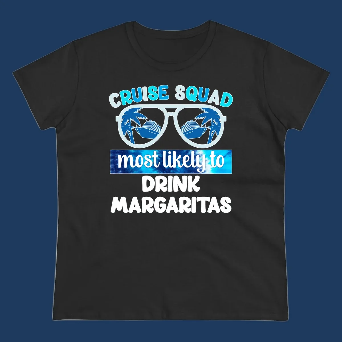Oversized sunglasses design showing palm trees and cruise ship reflections with cruise squad margarita text