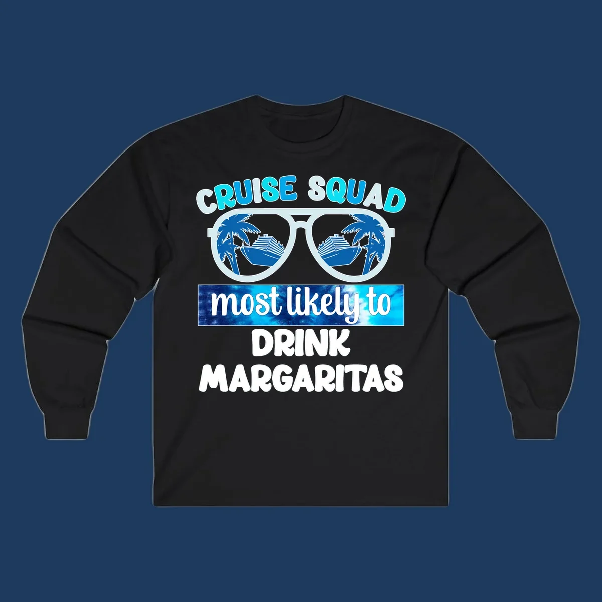 Oversized sunglasses design showing palm trees and cruise ship reflections with cruise squad margarita text