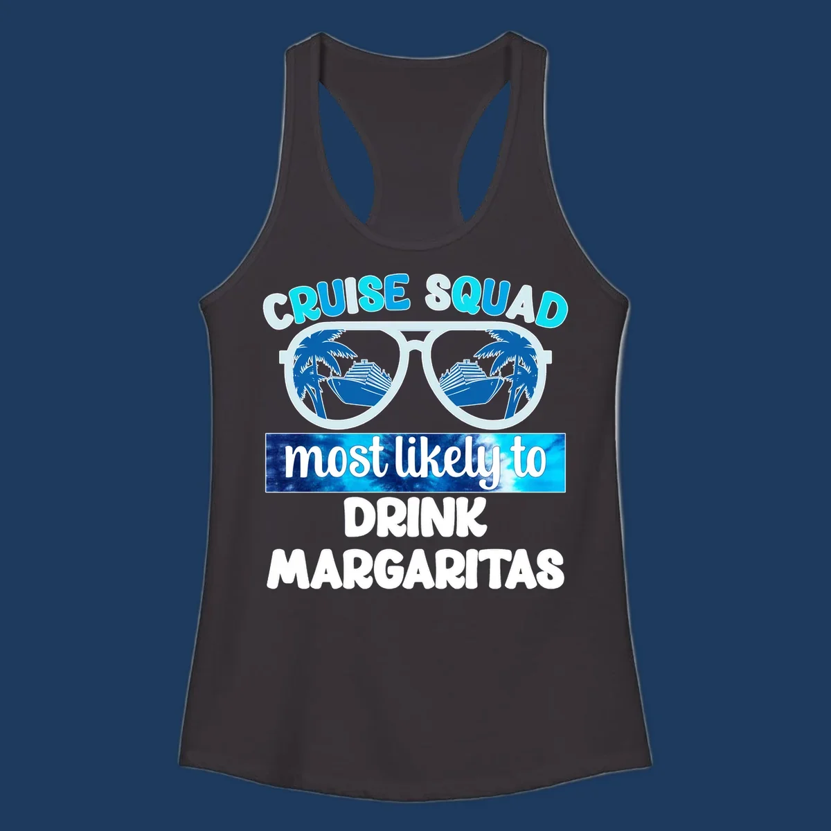 Oversized sunglasses design showing palm trees and cruise ship reflections with cruise squad margarita text
