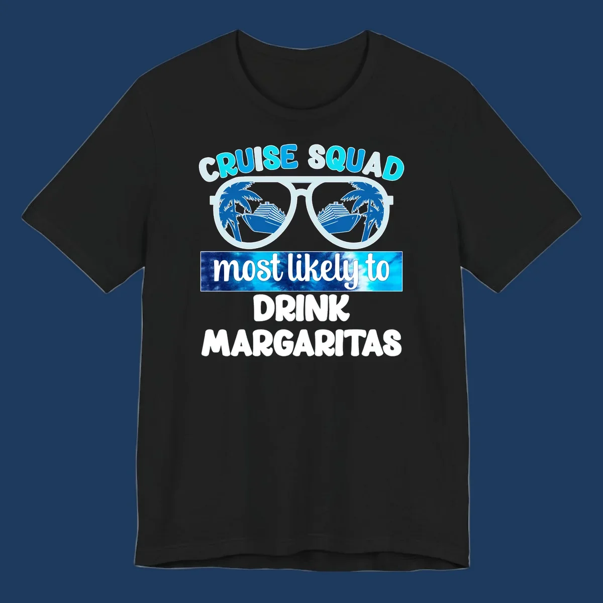 Oversized sunglasses design showing palm trees and cruise ship reflections with cruise squad margarita text
