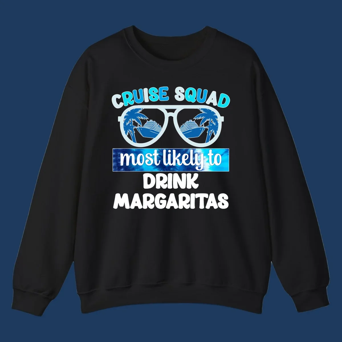 Oversized sunglasses design showing palm trees and cruise ship reflections with cruise squad margarita text