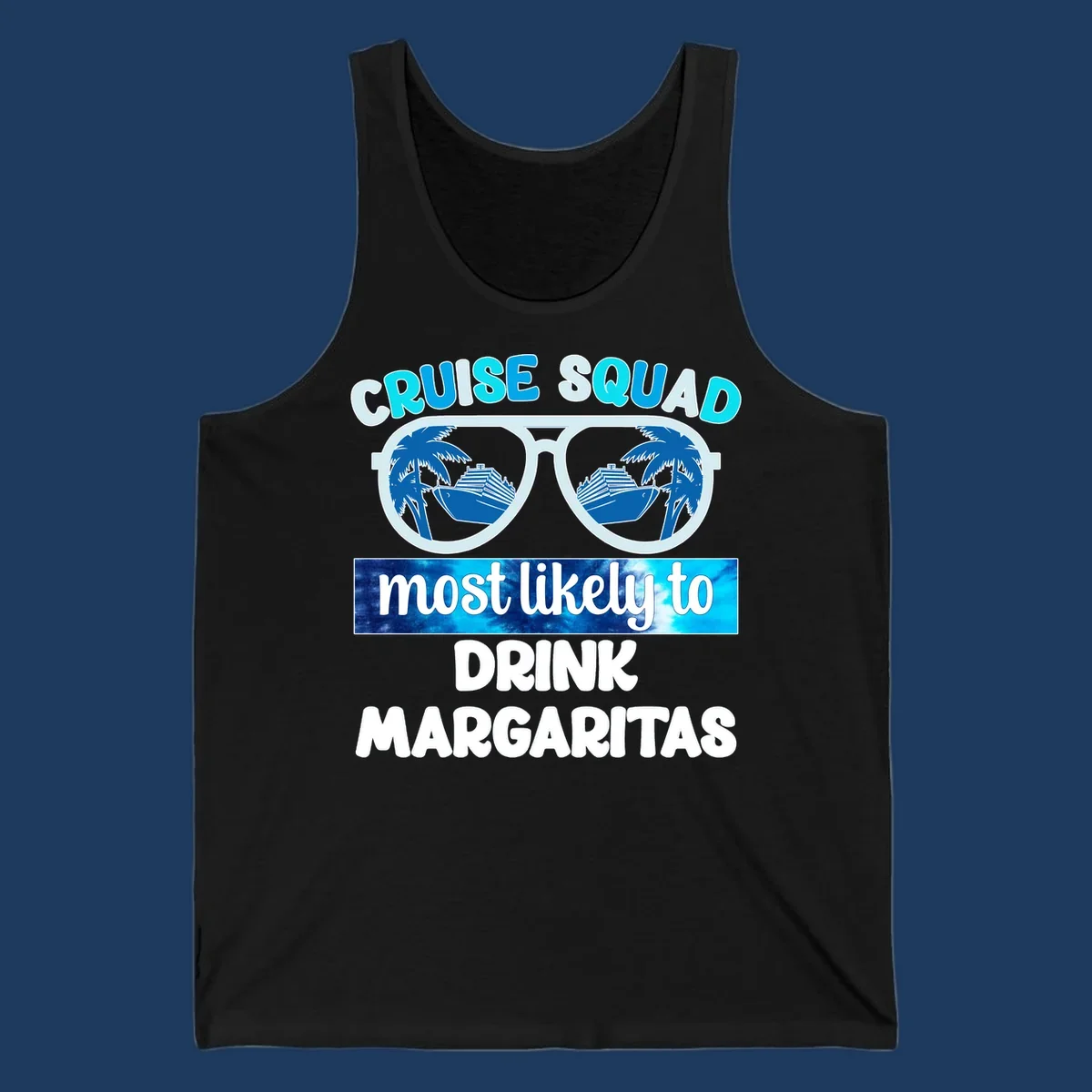 Oversized sunglasses design showing palm trees and cruise ship reflections with cruise squad margarita text