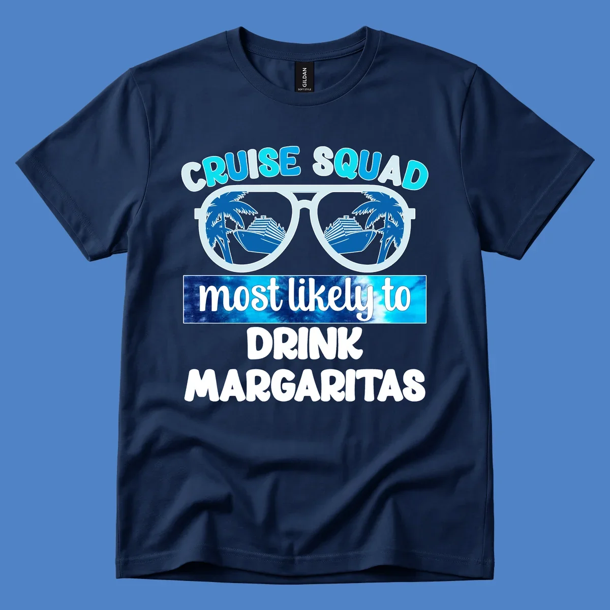 Oversized sunglasses design showing palm trees and cruise ship reflections with cruise squad margarita text