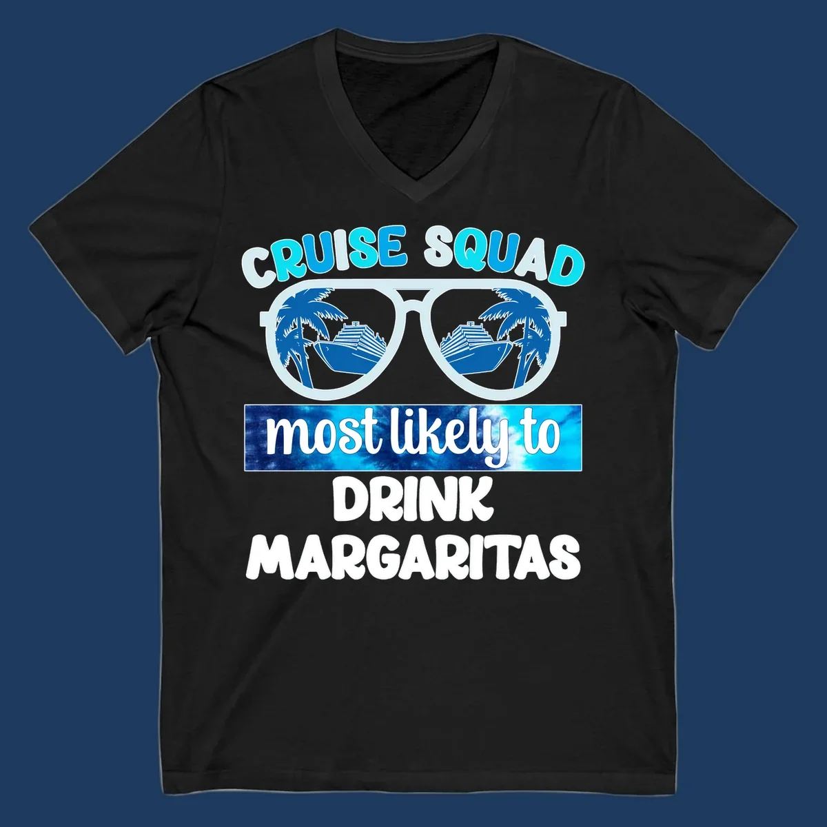 Oversized sunglasses design showing palm trees and cruise ship reflections with cruise squad margarita text