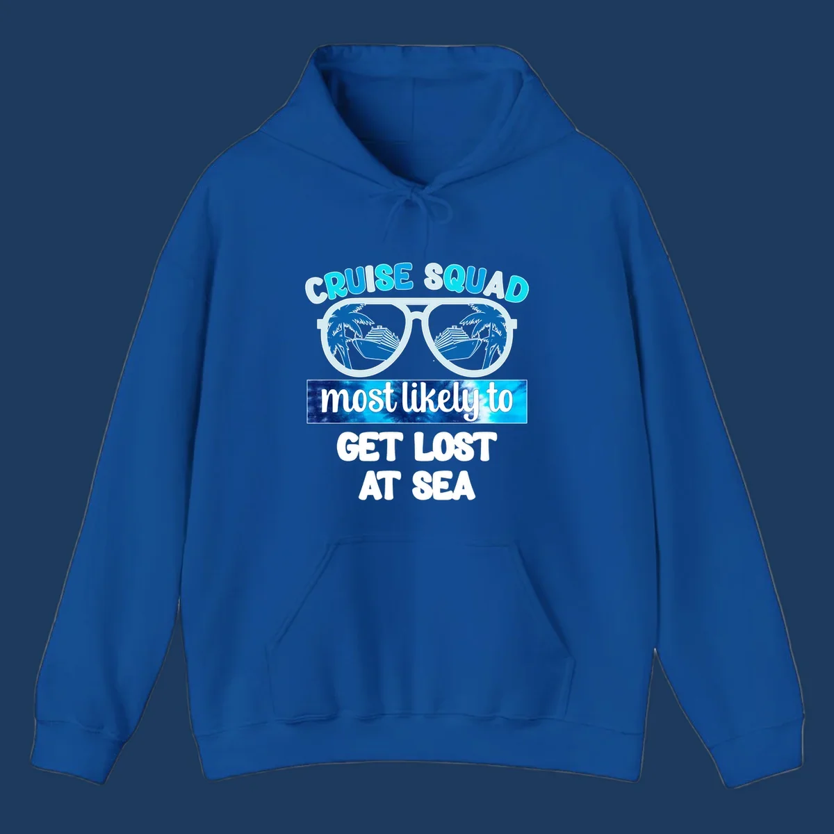 Sunglasses with cruise ship and palm trees reflecting in lenses, cruise squad most likely to get lost at sea text