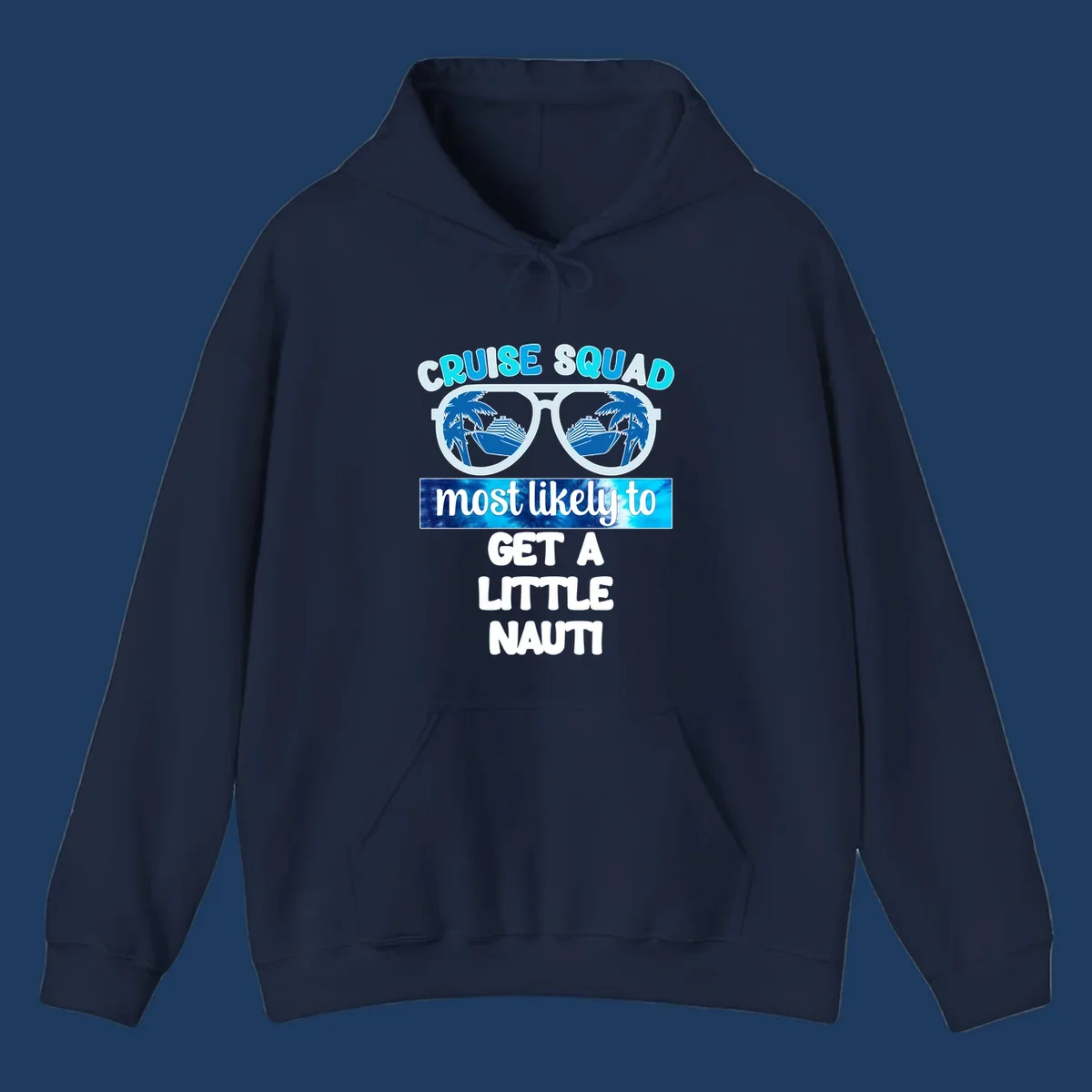 Oversized sunglasses with cruise ships and palm trees reflected in lenses, text reads 'Cruise Squad most likely to get a little nauti'
